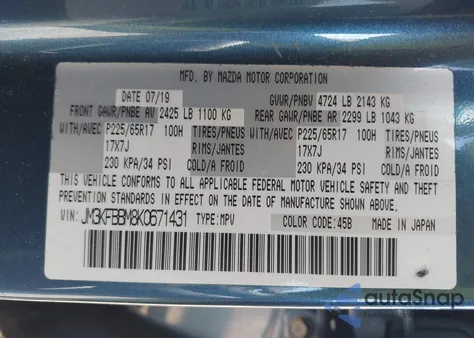 2019 Mazda Cx-5 Sport z USA, uszkodzony, nr VIN JM3KFBBM8K0671431